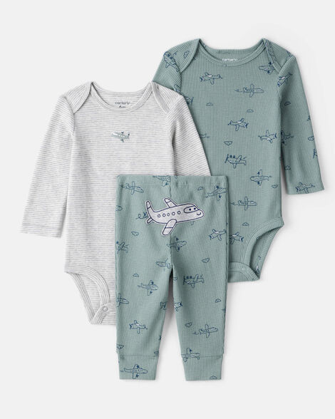 baby boy 3-piece airplane print long-sleeve bodysuit & pant set - blue