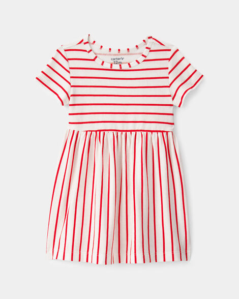 baby girl striped short-sleeve dress - red/ivory