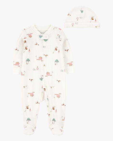  Product image 1 of Baby 2-Piece Barn Print 2-Way Zip Sleep & Play & Headwrap Set - Ivory