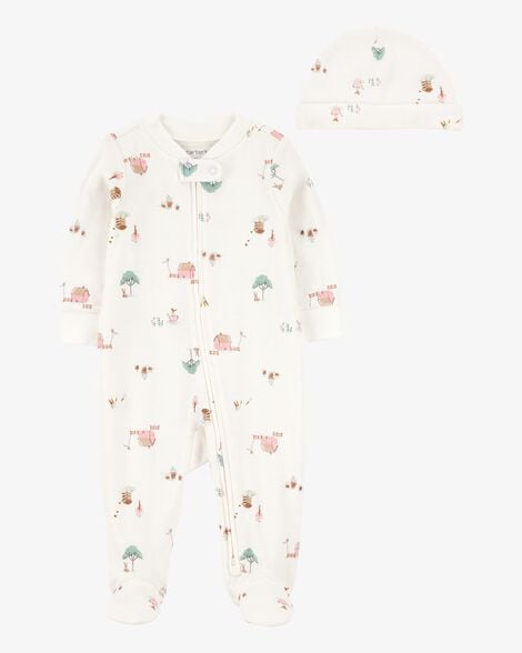 Product image 1 of Baby 2-Piece Barn Print 2-Way Zip Sleep & Play & Headwrap Set - Ivory