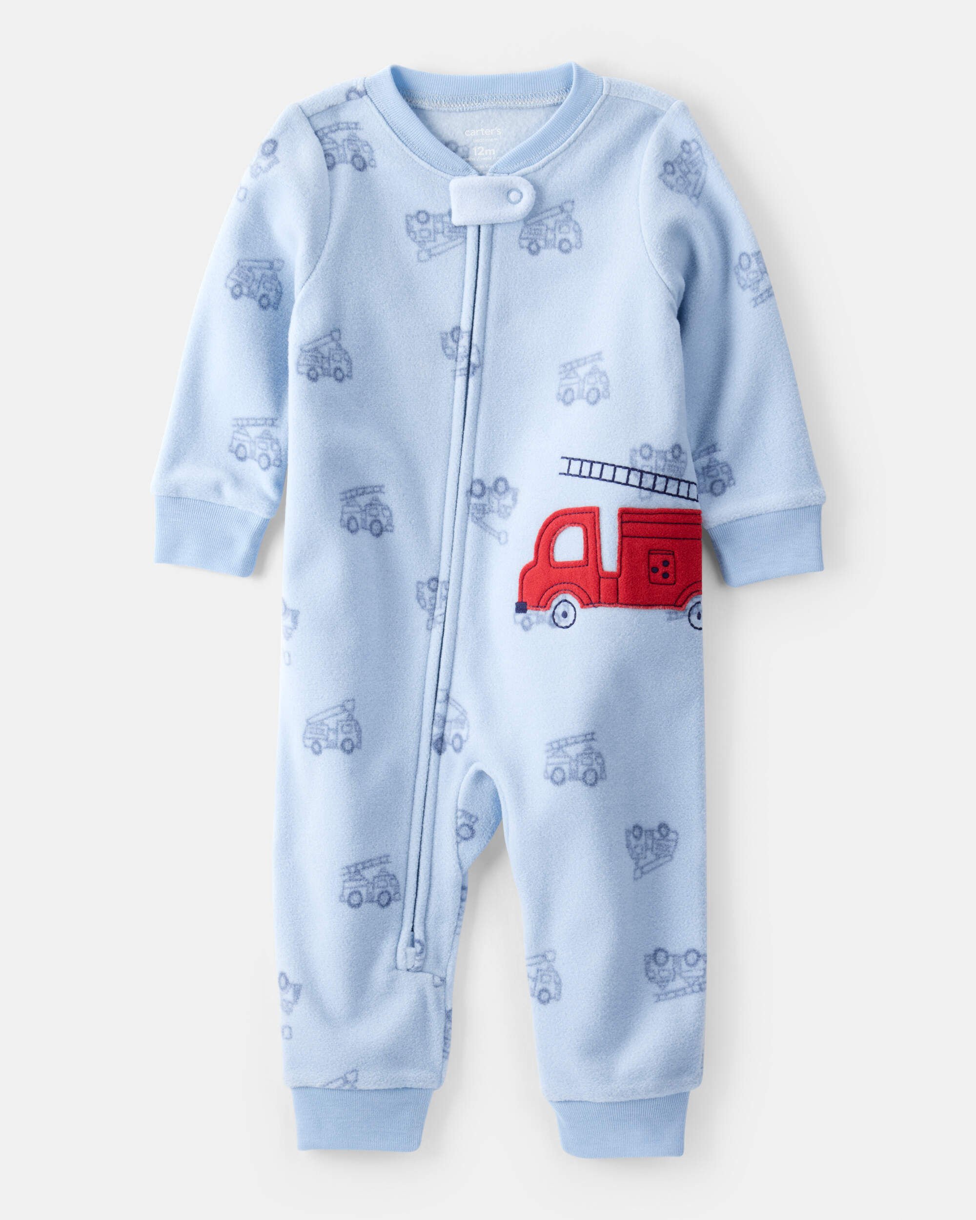 Toddler Boy Firetruck Print Loose Fit Long-Sleeve 2-Way Zip Pajamas - Blue
