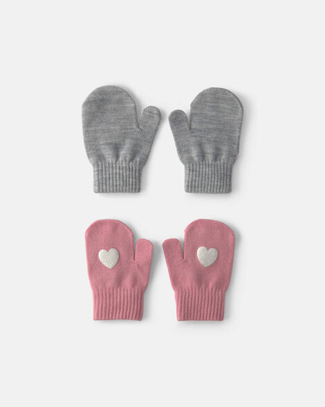 toddler girl 2-pack heart mittens - pink/grey