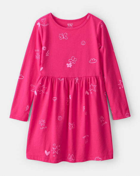 girls doodle print long-sleeve dress - pink