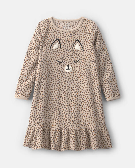 girls leopard fleece loose fit night gown - brown
