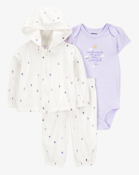 baby girl 3-piece hot air balloon print little cardigan set - white/purple