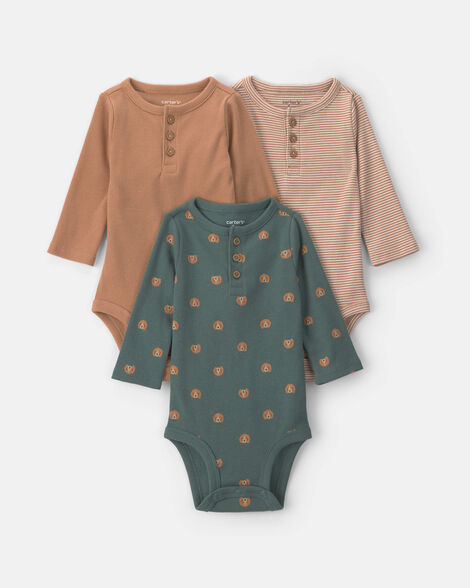 baby boy 3-pack dog striped long-sleeve multipack bodysuits - brown/green