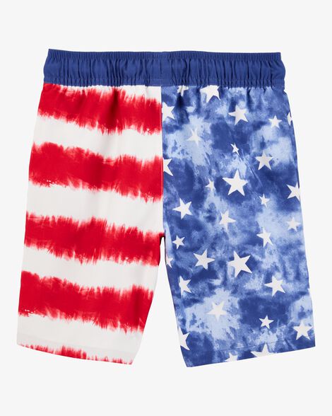 Kid Surfboard-Print Pull-On Swim Trunks