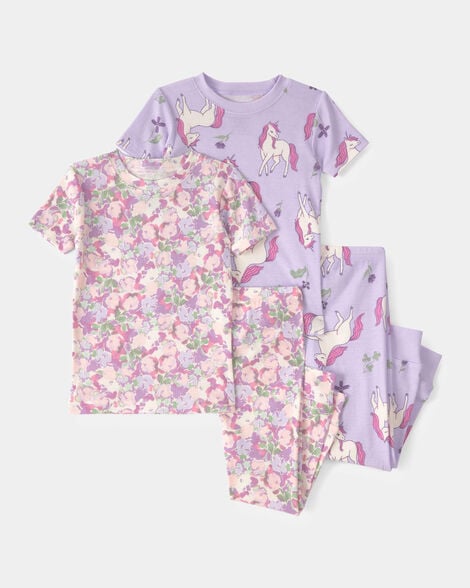 toddler girl unicorn floral 100% cotton snug fit 4-piece pajama set - pink/purple