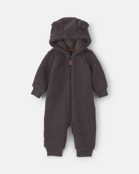 baby boy dog teddy fleece long-sleeve jumpsuit - grey