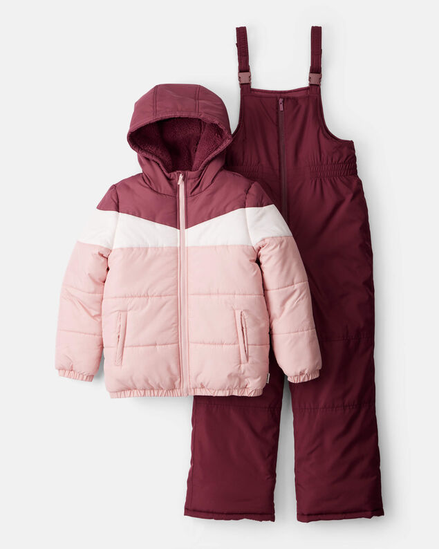 Product image 1 of Girls 2-Piece Color Block Hooded Snowsuit Jacket & Bib Set - Pink/Red