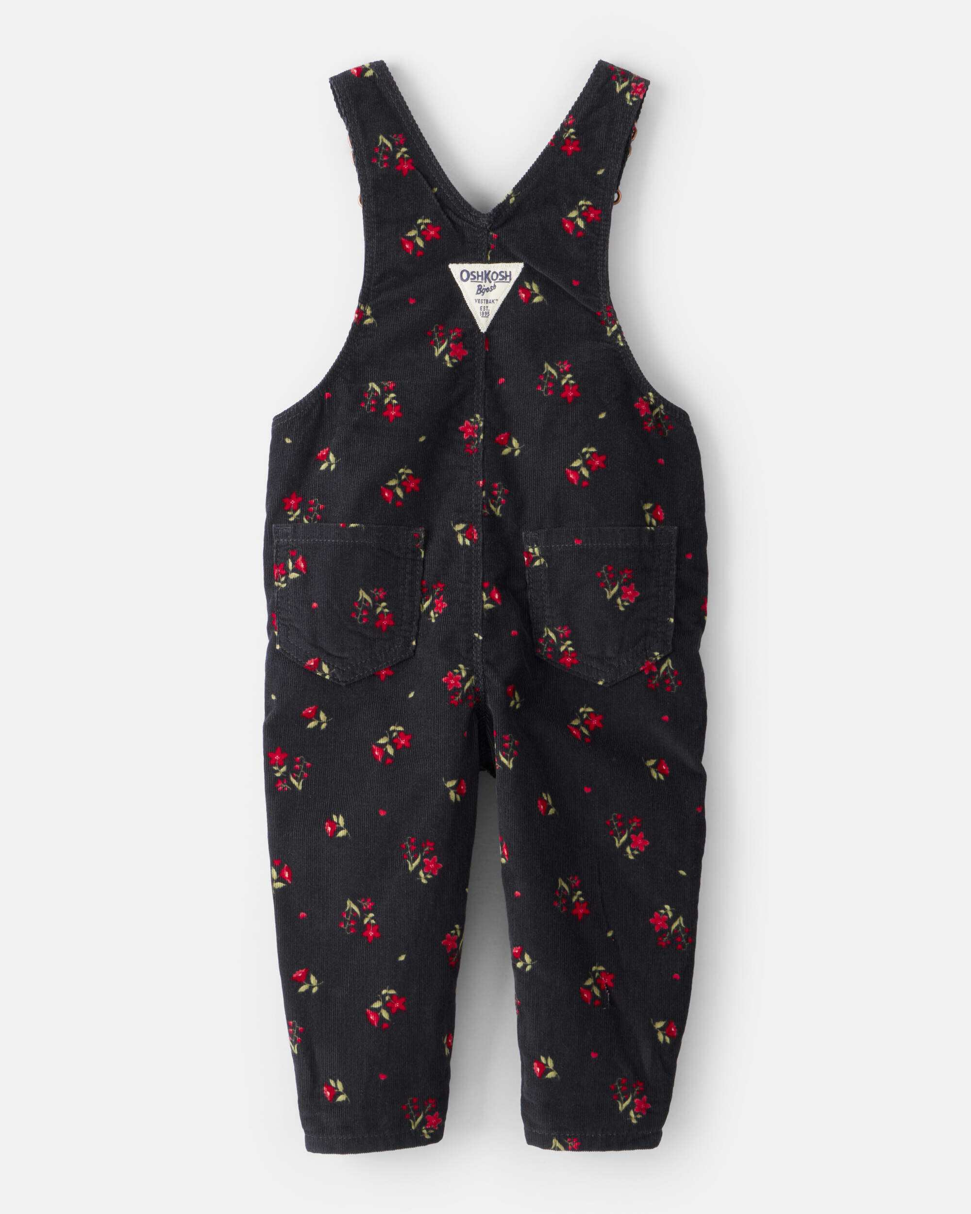 Baby Girl Floral Print Corduroy Overalls - Black