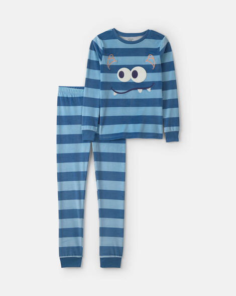 boys 2-piece monster striped dreamplush snug fit pajama set - blue