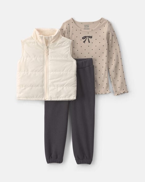 toddler girl 3-piece bow polka dots fleece long-sleeve layering set - brown/cream