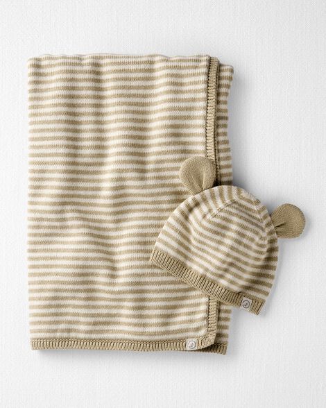 Baby Organic Cotton  Sweater Knit Blanket and Cap Gift Set