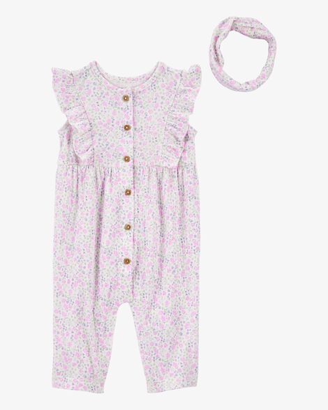  Product image 1 of Baby 2-Piece Floral Jumpsuit & Headwrap - Purple