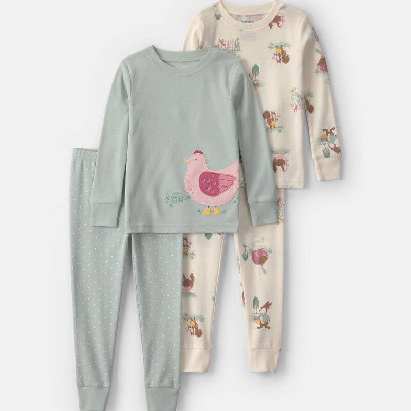 Baby Girl 4-Piece Country Chicken 100% Cotton Snug Fit Pajama Set - Blue/Cream