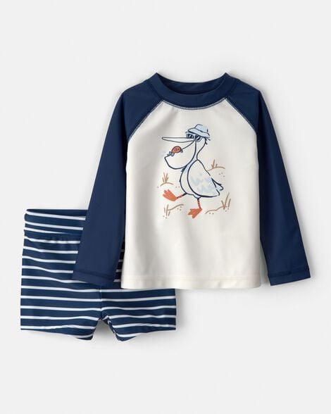 baby boy 2-piece pelican long-sleeve rashguard swimsuit set - navy/white