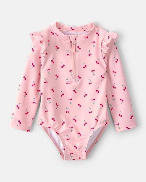 baby girl cherry long-sleeve 1-piece rashguard swimsuit - pink