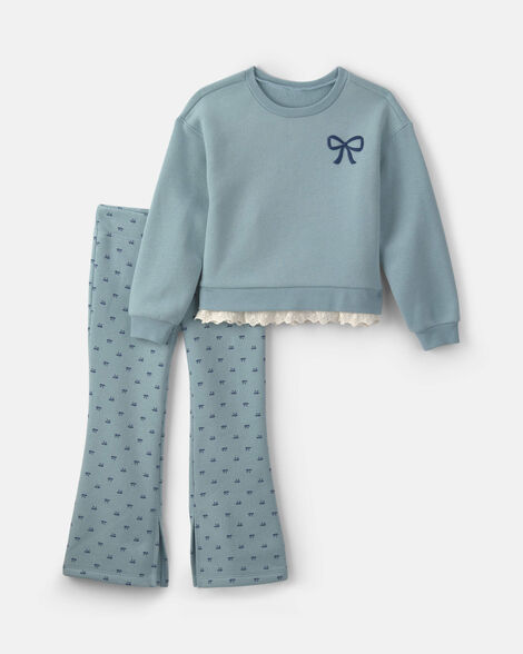 girls 2-piece bow fleece pullover & pant set - blue
