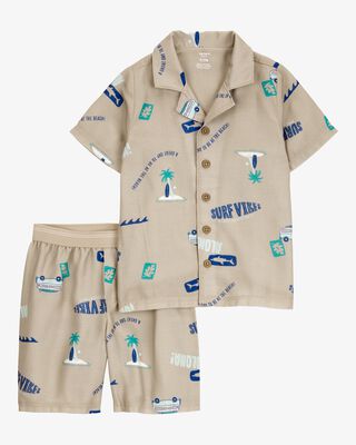Product image 1 of Kid Tropical Print Loose Fit 2-Piece Pajamas - Khaki