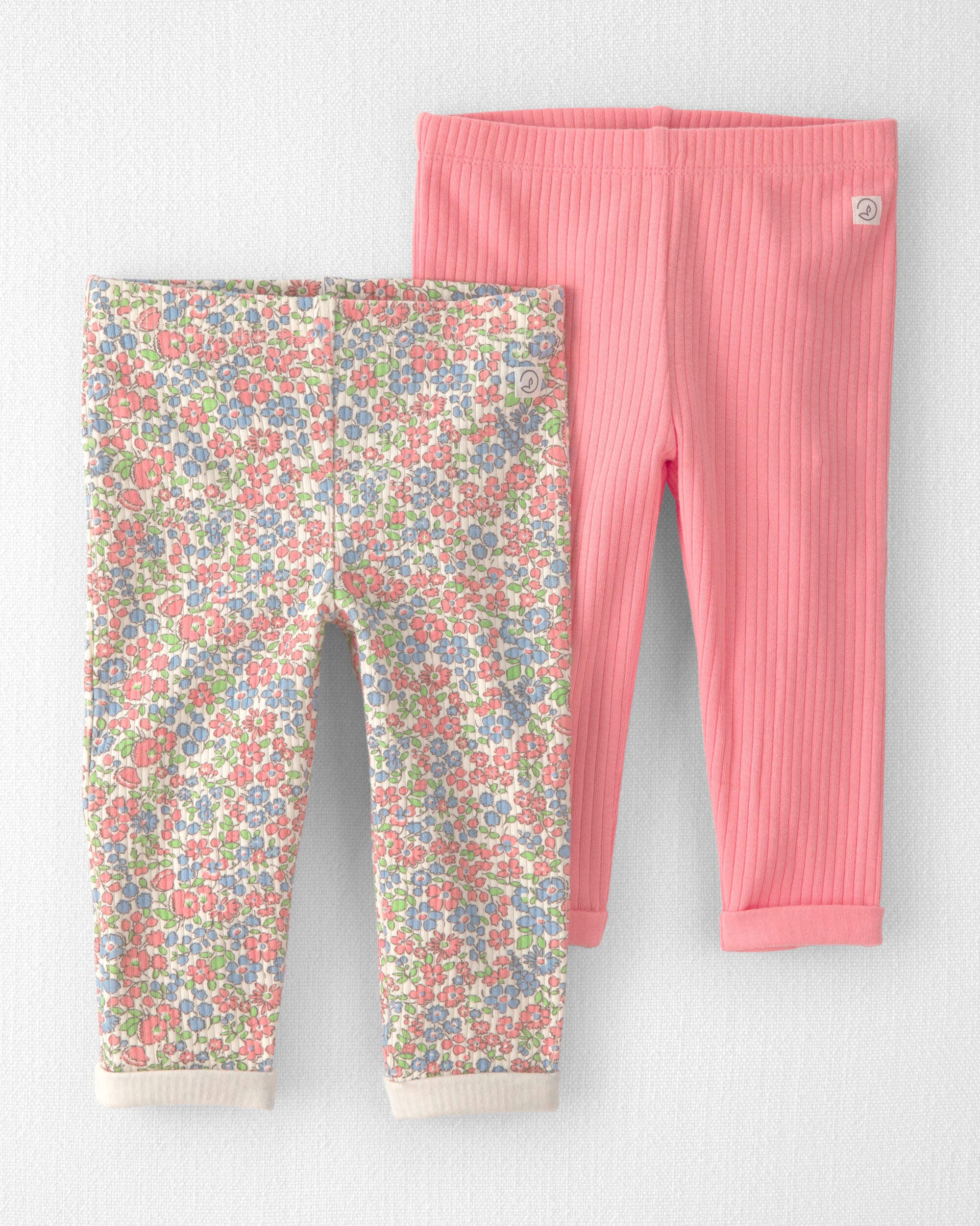 Little Planet Baby Girl 2-Pack Organic Cotton Rib Leggings 12M Meadow Mix, Just Pink
