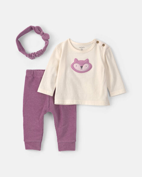 baby girl 3-piece fox long-sleeve top & pant set - purple/cream