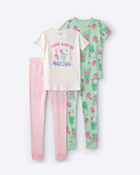 girls 4-piece 'i love sleep so matcha' strawberry cotton pajama set - pink/white/green