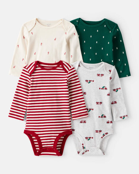 Product image 1 of Baby Boy 4-Pack Christmas Print Long-Sleeve Multipack Bodysuits - White/Green