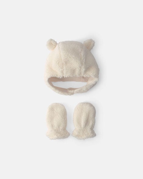 baby bear teddy fleece hat & mitten set - cream