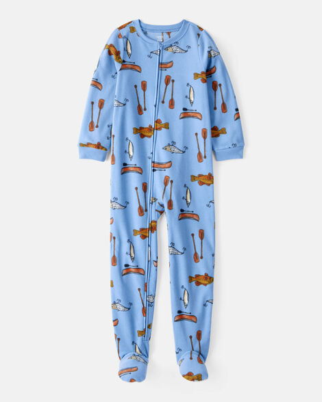 kid 1-piece fishing print fleece footie pajamas - blue