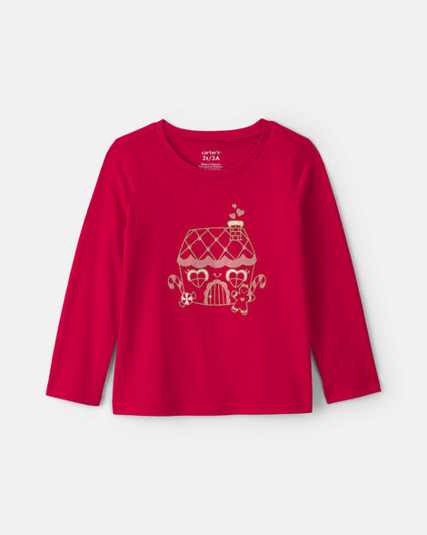 toddler girl gingerbread house long-sleeve graphic tee - red
