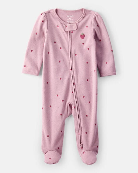 baby girl strawberry print 100% cotton sleep & play pajamas - pink