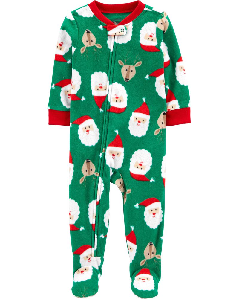 Green Toddler 1Piece Santa Fleece Footie PJs