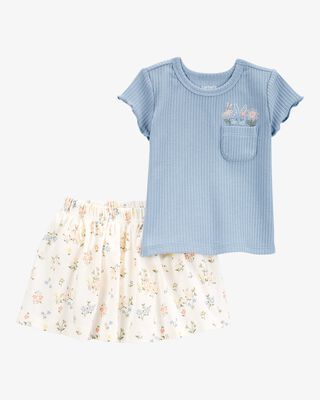 Product image 1 of Baby 2-Piece Bunny Floral Skort Outfit Set - Blue/Ivory