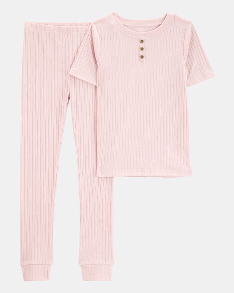 kid solid ribbed cotton blend 2-piece pajamas - pink