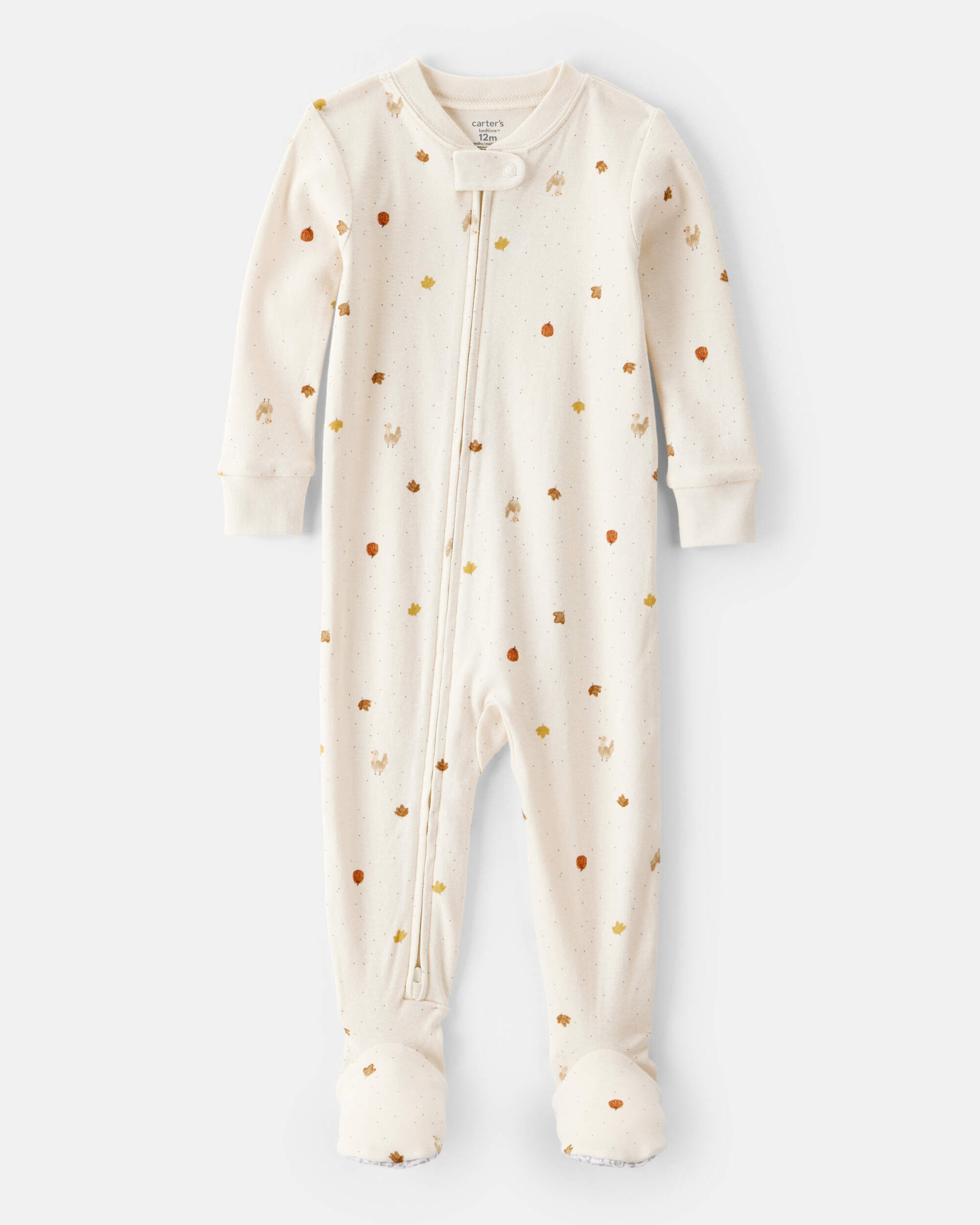 Baby Thanksgiving Print 100% Cotton Long-Sleeve 2-Way Zip Footed 1-Piece Pajamas - White