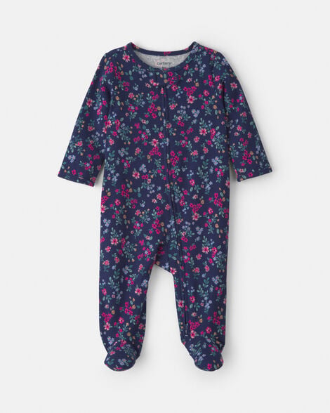 baby girl floral 100% 2-way zip cotton sleep & play pajamas - navy