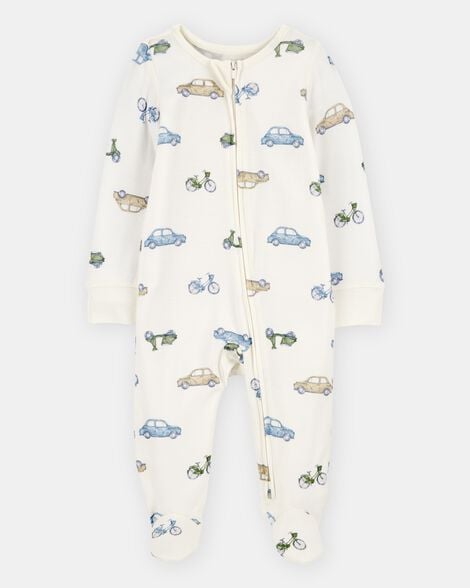 baby boy car print 2-way zip purelysoft sleep & play pajamas - ivory