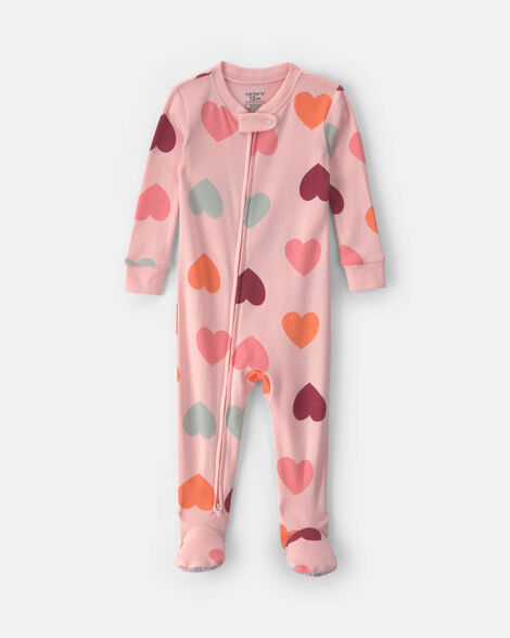 toddler girl 1-piece hearts 100% cotton snug fit footed pajama - pink