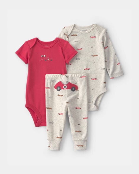 baby boy 3-piece race car bodysuit & pant set - grey/red