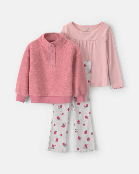 toddler girl 3-piece floral fleece long-sleeve layering set - pink
