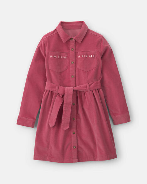 Girls Embroidered Long-Sleeve Corduroy Dress - Pink