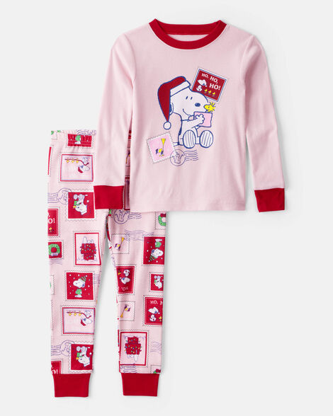 toddler girl peanuts snoopy print 100% cotton long-sleeve snug fit 2-piece pajamas - pink