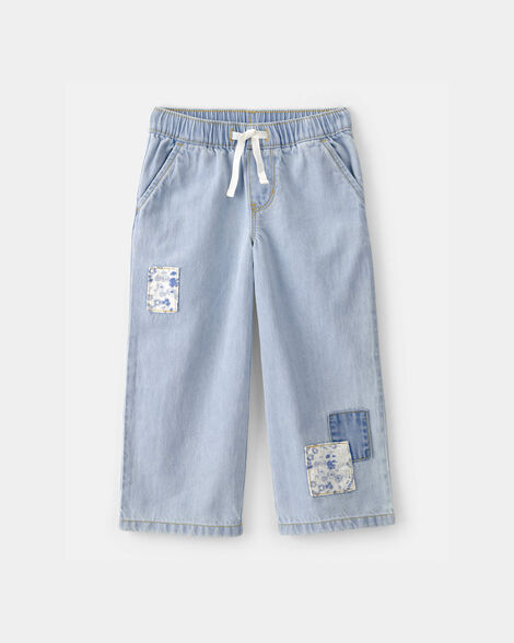 Toddler Girl Patchwork Drawstring Wide-Leg Pants - Light Wash
