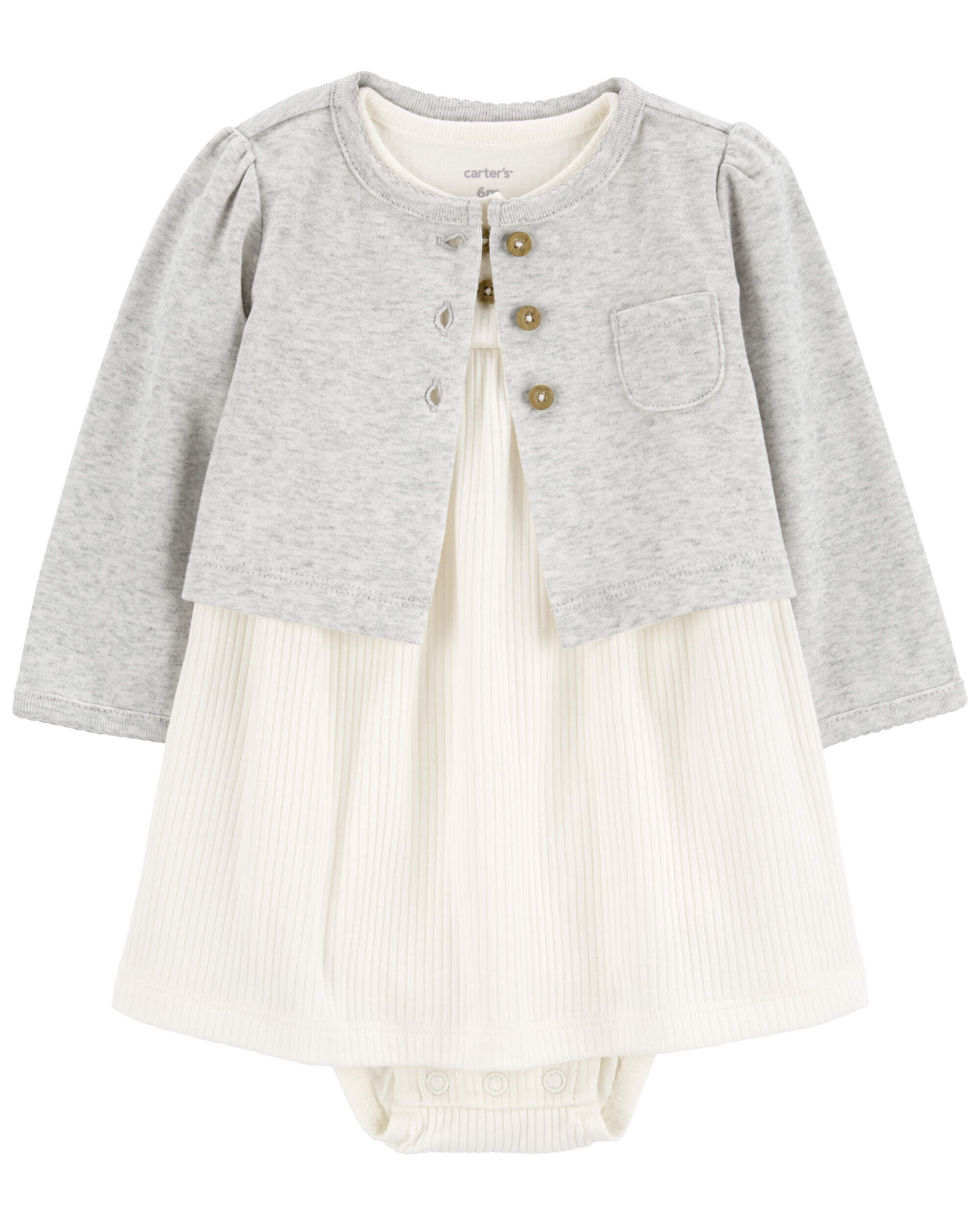Baby Girl 2-Piece Bodysuit Dress & Cardigan Set - Grey/White
