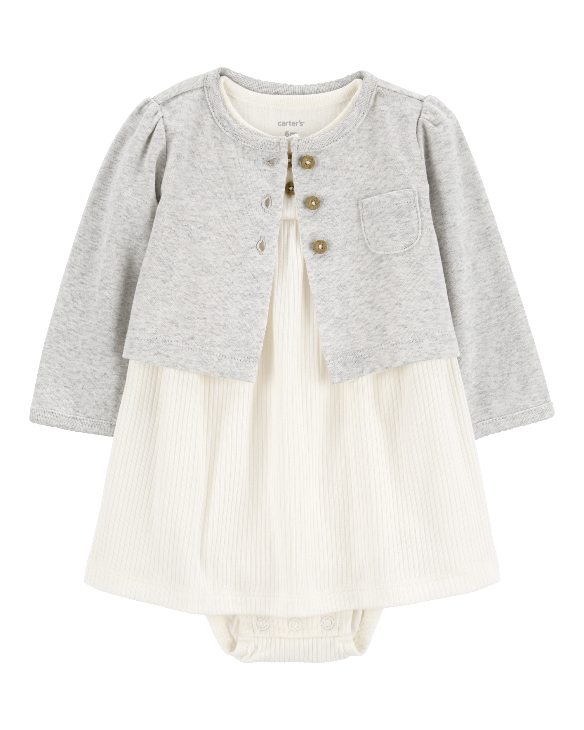 Baby Girl 2-Piece Bodysuit Dress & Cardigan Set - Grey/White