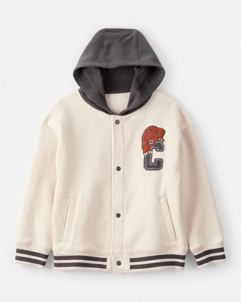 boys fleece hooded varsity jacket - cream