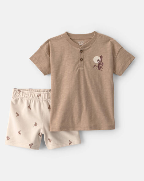 toddler boy 2-piece desert cactus henley top & short set - brown