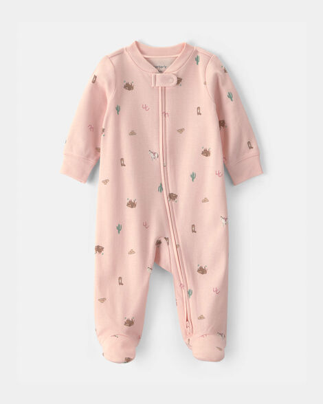 baby girl western 100% cotton 2-way zip sleep & play pajamas - pink