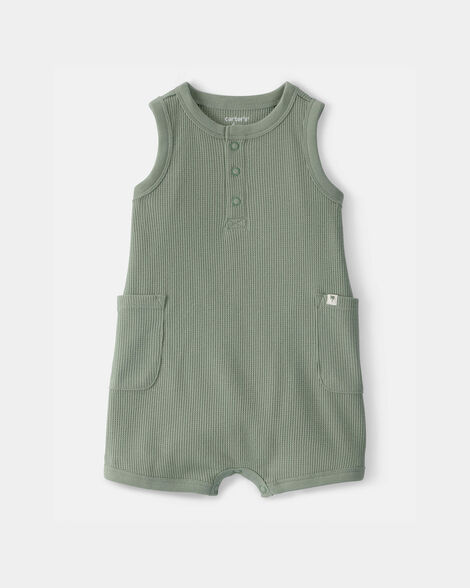 baby boy waffle-knit sleeveless romper - green